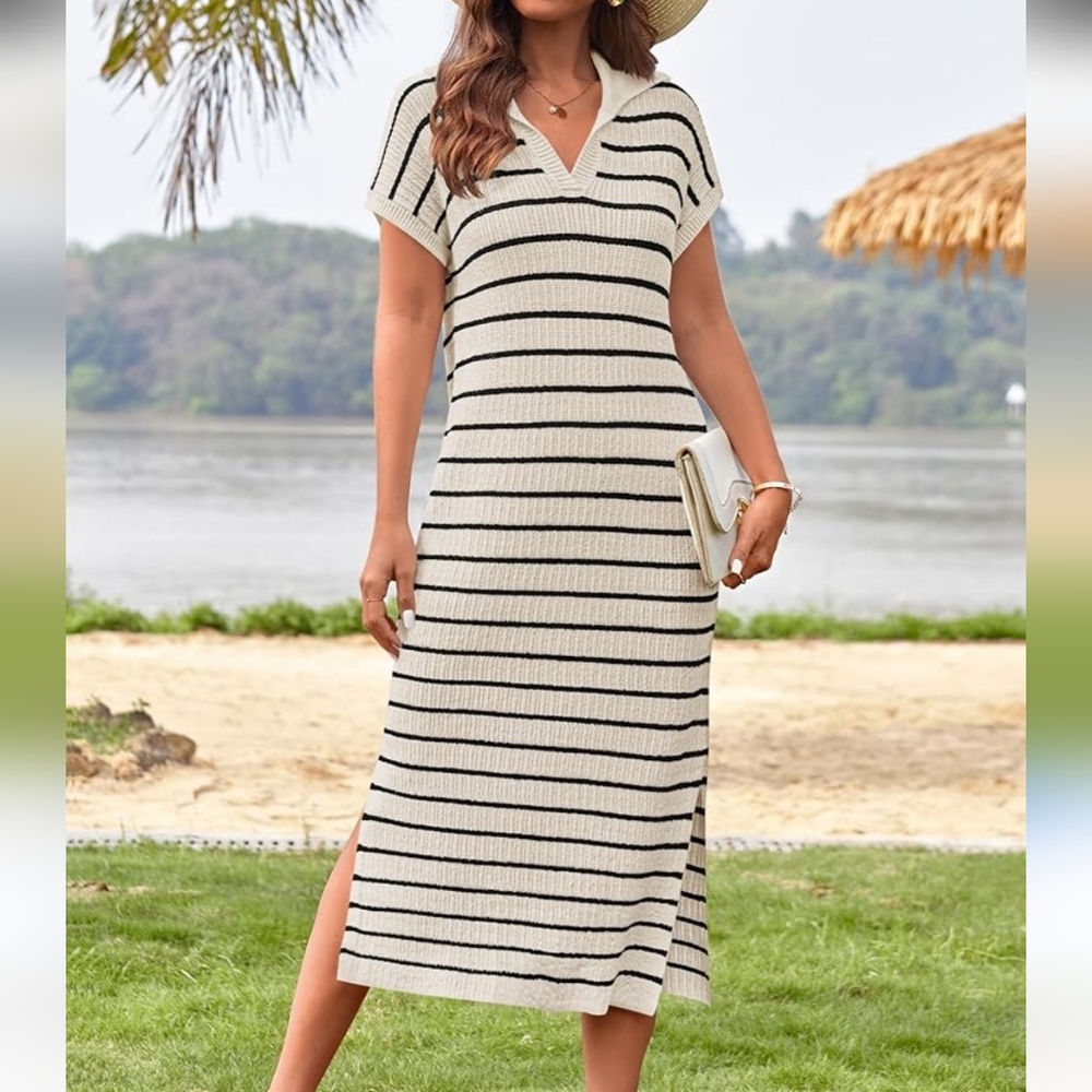 Womens Striped Casual Short Sleeve V Neck Loose Knit Midi Dress sz XL Preppy
